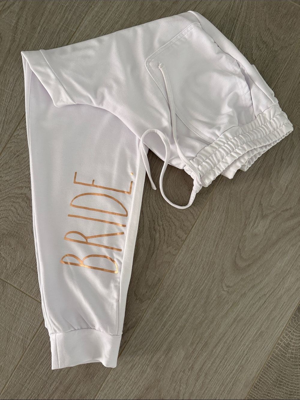 White 'BRIDE' Jogger Pants with Rose Gold Lettering